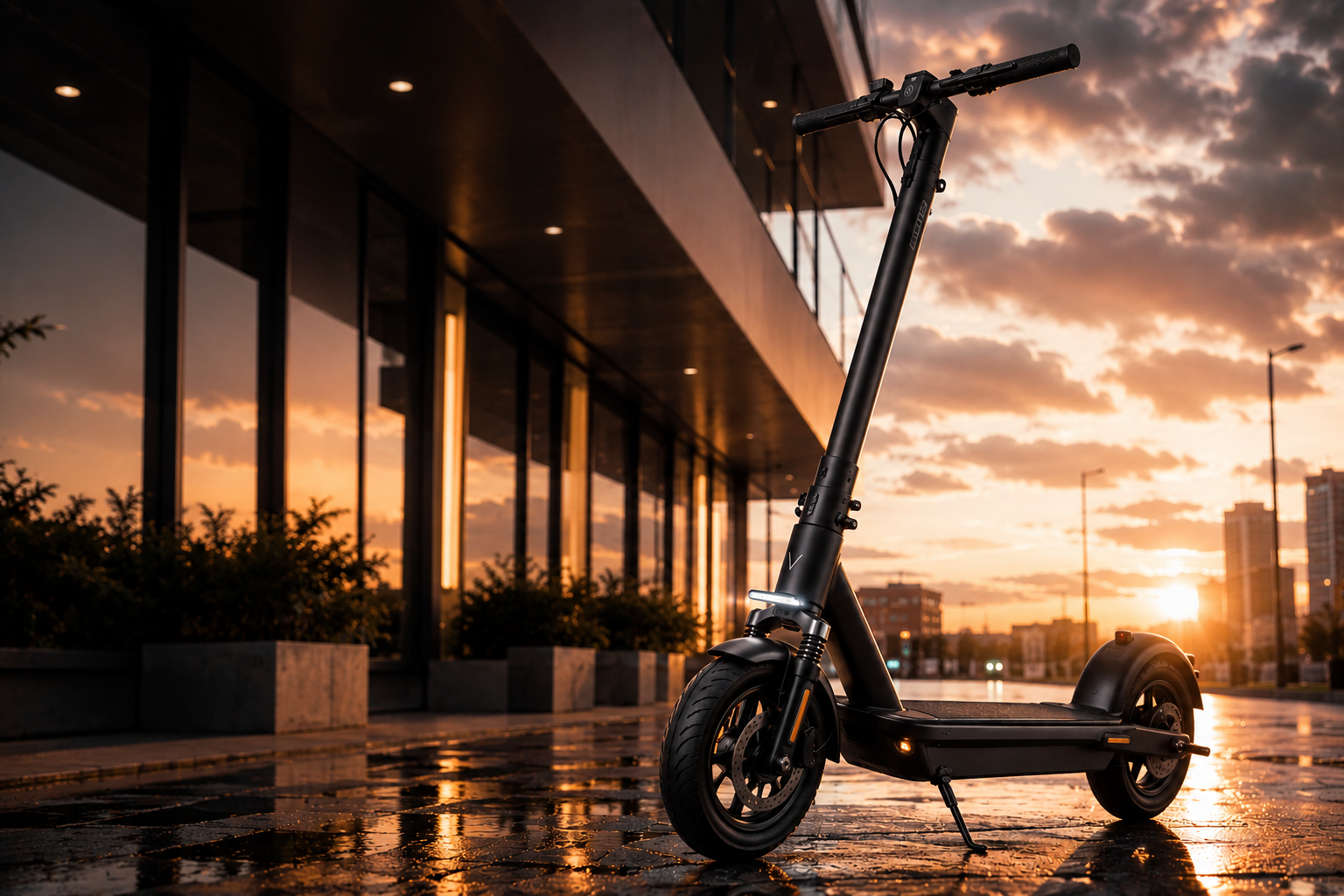 Electric scooter standing on wet pavement with a golden sunset and modern buildings in the background.