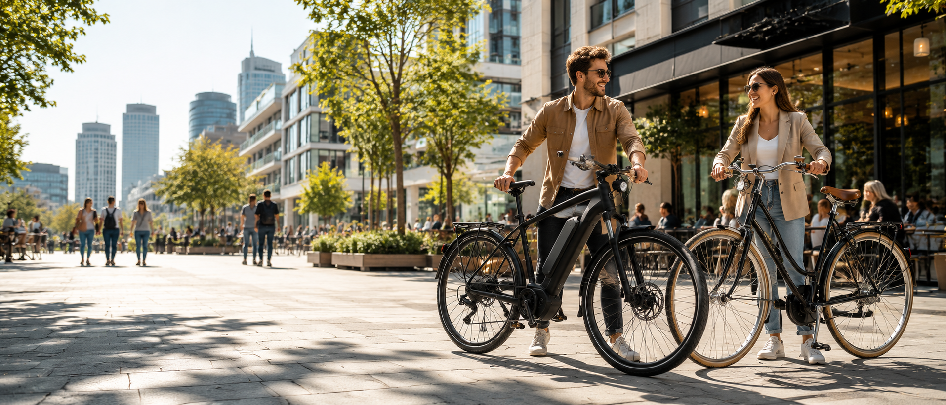 Man and woman with electric bicycles chatting in a sunny urban plaza with cafes and tall buildings in the background.