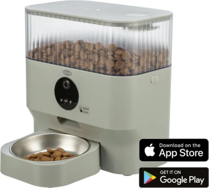 Automatic pet feeder with a large transparent hopper filled with dry kibble and a front control panel; food bowl attached beneath. Overlaid App Store and Google Play badges appear in the corner.