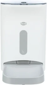 White upright dispenser with a gray vertical control panel and a shallow lower tray.