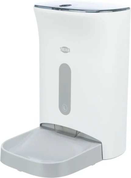 White automatic soap dispenser with a clear soap level window and a shallow gray tray at the base.