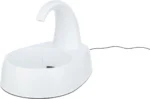 White electric pet water fountain with a curved spout and round basin, power cord visible in the background.