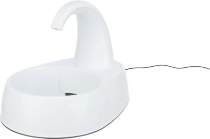 White electric pet water fountain with a curved spout and round basin, power cord visible in the background.