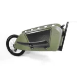 Green folding electric bike with rear wheel exposed and a black seat, shown in folded form.