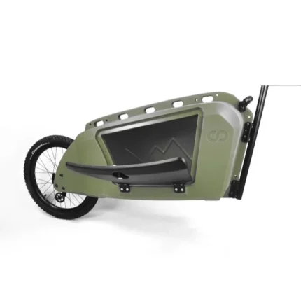 Green folding electric bike with rear wheel exposed and a black seat, shown in folded form.