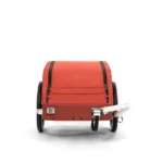 Red bicycle cargo trailer with two wheels and a hitch for attaching to a bike, viewed from the rear.