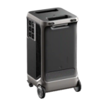 Portable air conditioner on wheels with side vents and a top handle panel above the unit.