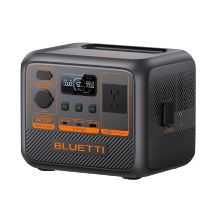 Bluetti portable power station with LCD display, multiple outlets, USB ports, and control buttons for backup power.