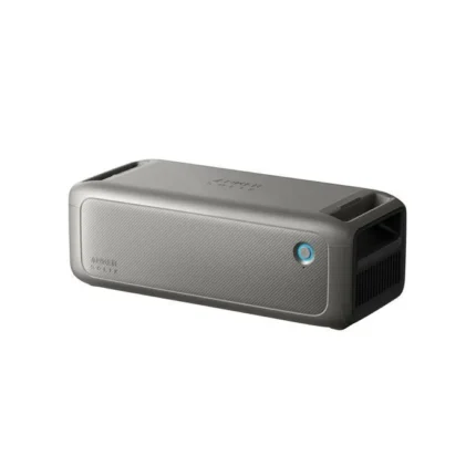 Portable rectangular Bluetooth speaker with a metallic front mesh and a blue-ringed power button on the side.