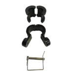 Assorted hardware: two black semi-circular clamps, a larger curved clamp, and a small silver metal bracket with a screw.