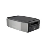 EcoFlow portable power station with a silver front panel and black body, shown from a side angle, front ports visible.