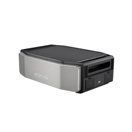EcoFlow portable power station with a silver front panel and black body, shown from a side angle, front ports visible.