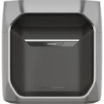 Front view of a gray charging dock with a recessed bay holding a battery inside a curved enclosure.