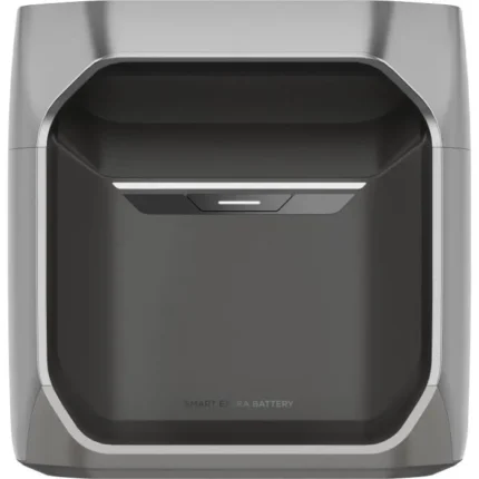Front view of a gray charging dock with a recessed bay holding a battery inside a curved enclosure.