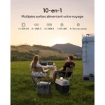 Couple camping at sunset with a 10-in-1 portable power station powering devices via USB-C, USB-A, DC 48V.