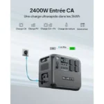 Bluetti 2400W AC input portable power station charging from wall outlet, highlighting fast charging and multiple charging options (PV, car, generator).