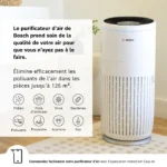 Bosch air purifier in a living room with French text describing air purification up to 125 m² and removal of pollen, pet dander, viruses, bacteria, pollutants, dust, mites, and gases.