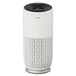 Bosch white tower air purifier with a black circular top and vertical vent slits, standing on a round base.