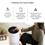 Bosch air purifier with a touchscreen control; person seated beside it, highlighting app and smart home control options (HomeCom Easy, Matter-compatible).