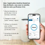 Page présentant l’application HomeCom: contrôle du purificateur d’air via un smartphone, avec le statut Good affiché à l’écran et une liste de commandes à gauche.