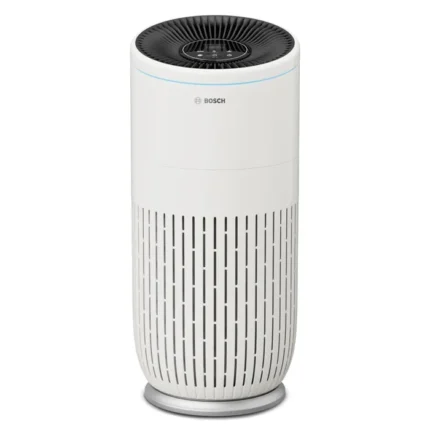 Bosch white tower air purifier with a black circular top and vertical vent slits, standing on a round base.
