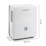 White Trotec dehumidifier with a blue water-level window; dimensions shown: 50 cm tall, 38.6 cm wide, 26 cm deep.