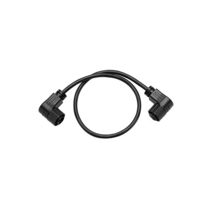Black short cable with two right-angle circular connectors on each end; an inline power/data extension cable