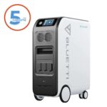 Portable BLUETTI EP500 Pro portable power station with a touchscreen display on the front and large storage compartments, shown with wheels and a side 'BLUETTI' logo; includes a circular 5-year warranty badge in the corner.