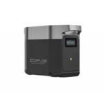 EcoFlow smart extra battery unit with a digital display on the front panel and stainless top panel.