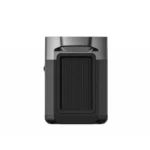 Front view of a tall, rectangular black electronic device with a grooved central panel and metallic top.