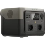 EcoFlow portable power station with two AC outlets, USB ports, and a digital display showing battery level.