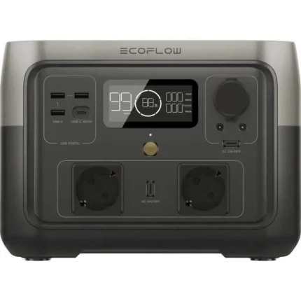 EcoFlow portable power station front panel with two AC outlets, USB ports, a digital display, and control buttons.",