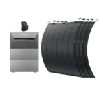 Solar power system with a storage/inverter unit and curved solar panels for outdoor use.