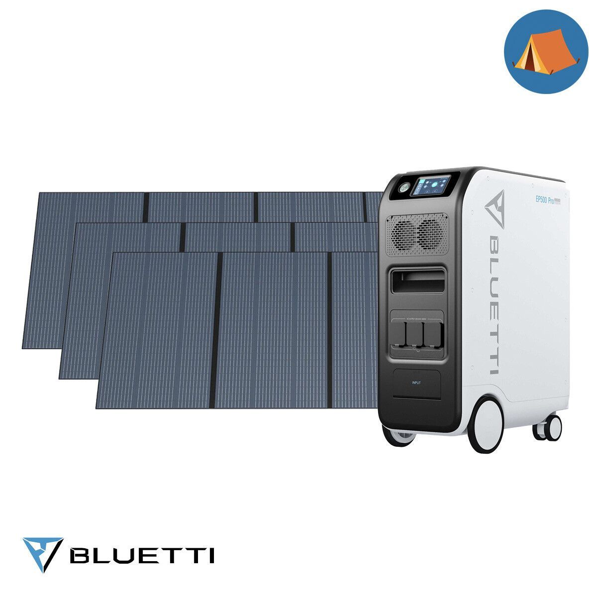 kit-bluetti-5100wh-panneaubluetti1050w - NEVORIXT Bluetti EP500 Pro portable power station with a large array of solar panels unfolding to the left.