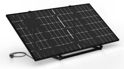 Solar solar panel mounted on a stand with a cable attached, angled for sun exposure and energy generation.