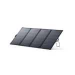 Four-panel solar array tilted on a stand for solar energy generation