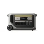 Portable power station on wheels with multiple outlets, USB ports, and a digital display for backup power control (outdoors/room setting).
