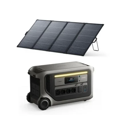 Portable solar panel array folded beside a compact portable power station/generator with outlets and display, for off-grid charging.