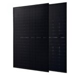 Two large solar panels standing upright side by side, showing dark blue photovoltaic cells.