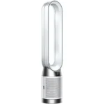 Bladeless tower fan with a tall oval loop and cylindrical base (Dyson Air Multiplier style)