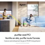 Living room scene with a Dyson Purifier Cool PC1; a man cooks at a kitchen island while a woman sits on a sofa, airflow illustrated toward her.