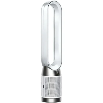 Bladeless tower fan with a tall oval loop and cylindrical base (Dyson Air Multiplier style)