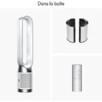 Dyson bladeless fan purifier with two cylindrical filter halves and a remote, shown as box contents in a three-panel layout with 'Dans la boîte' header.