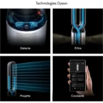 Close-up of a Dyson air purifier's upper dome with a digital display, labeled Détecte (Detects).