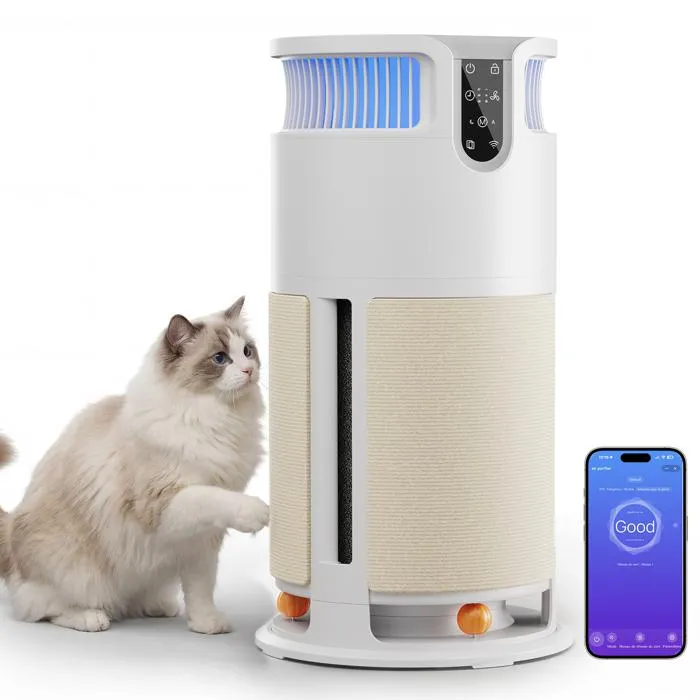 purificateur-dair - NEVORIXT Cat sits beside a tall white air purifier with blue-lit vents and a mobile app showing a Good status nearby.