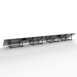 Long row of solar panels mounted on black metal frames, angled outdoors in a long linear array.