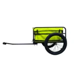 Single-wheel bicycle cargo trailer with a bright yellow storage bag and black metal frame.