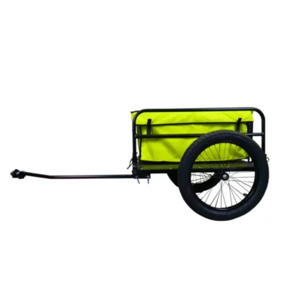 Single-wheel bicycle cargo trailer with a bright yellow storage bag and black metal frame.