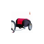 Bike trailer attached to a bicycle with a red and black cover and a small orange safety flag.