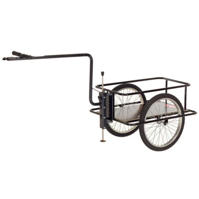 Two-wheeled bicycle trailer with a long hitch bar and metal frame for carrying cargo.